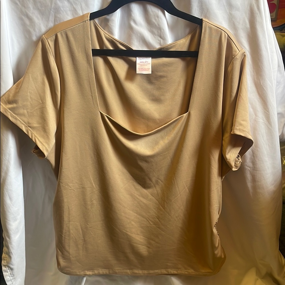 No Boundaries Tan Draped Blouse Short Sleeves